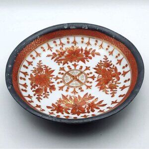Vintage Japanese Pewter Encased Hand-Painted Floral Porcelain Bowl ACF Hong Kong